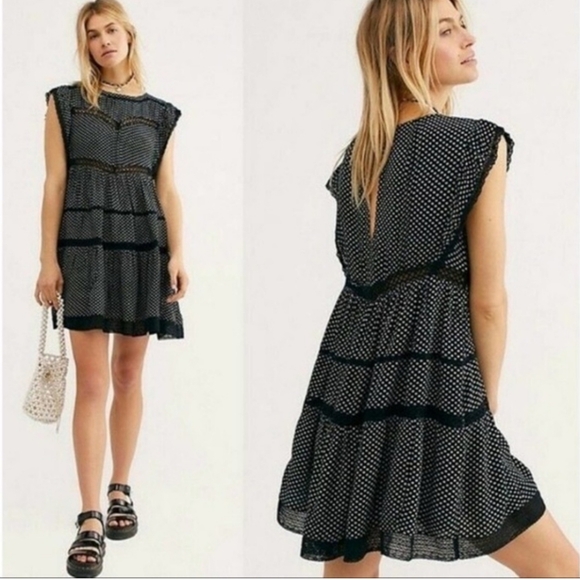 Free People Retro Kitty Crochet Trim Black White Floral Boho Dress Size Small - Picture 3 of 17